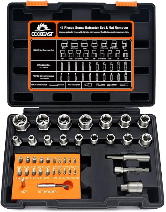 Coobeast 41Pcs Bolt Extractor Kit and Small Screw Extractor Set, Ez Out Bolt Extractor Tool with 5Pcs Compatible Adapter for Stripped Screw, Broken Nut and Damaged Bolt Remove
