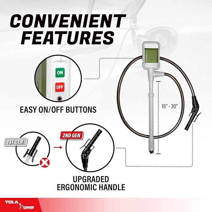 TERA PUMP TRCDA-XL Battery Powered Telescopic Fuel Transfer Pump | 2.5GPM, Auto Stop, XL Flexible Discharge Tube, Metal Impeller, For Gasoline, DEF, Diesel, Antifreeze, Kerosene