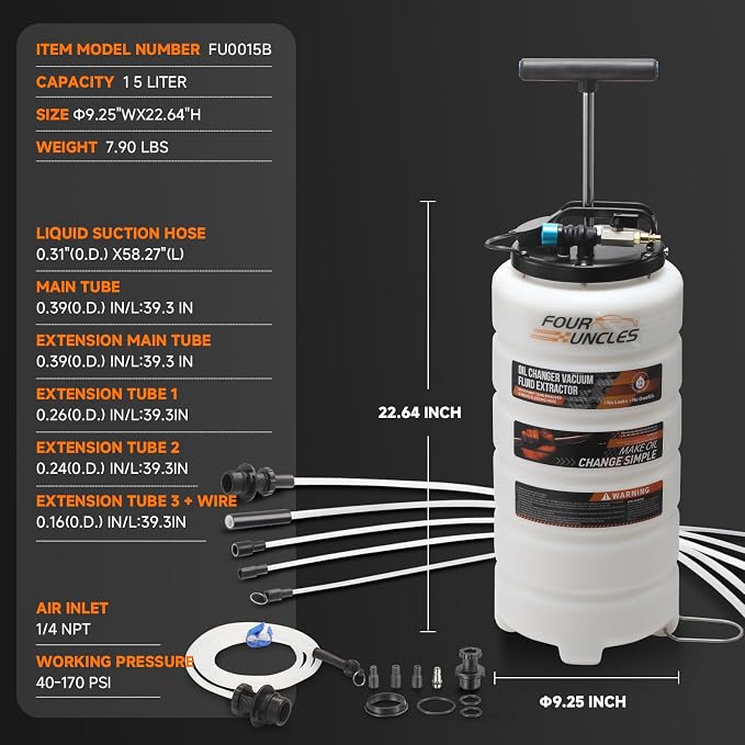 FOUR UNCLES Oil Extractor - Vacumm Fluid Extractor with Pump Tank Remover & Tubes for Oil Change and a Hose for Brake Bleeding