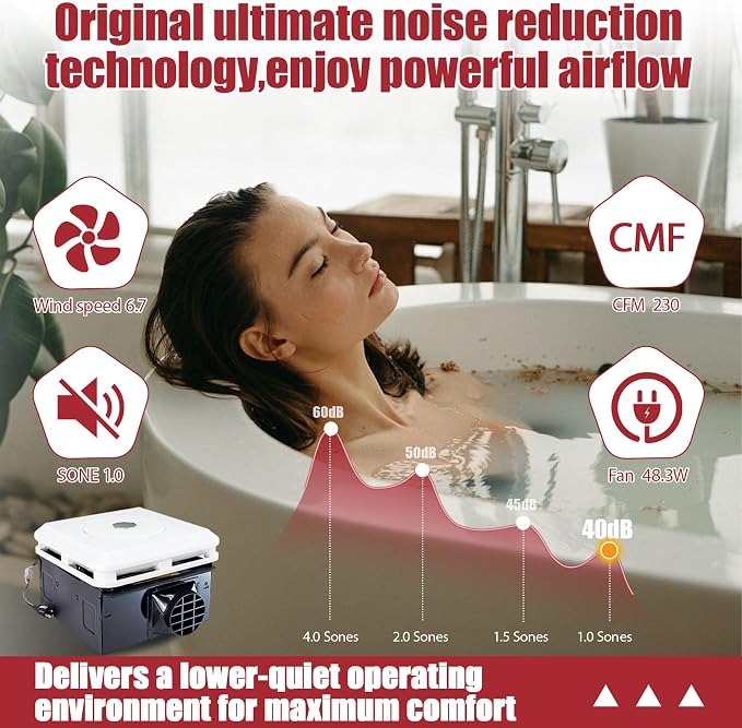 Bathroom Exhaust Fan with Bluetooth Speaker, Bathroom Fan Light, 230 CFM 1.0 Sone, Strong Wind Force & Very Quiet, Noise-cancelling Bluetooth speakers, 7 color dynamic lighting, Play Easy Install