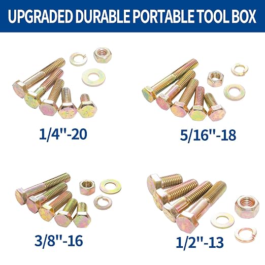980cs Grade 8 SAE Bolts and Nuts Assortment Kit, 1/4-20, 5/16-18, 3/8-16, 1/2-13 Heavy Duty Hex Bolts and Nuts Kit, Assorted Nuts, Bolts, Flat & Lock Washers, Yellow Zinc Plated, Length from 1/2"-2"