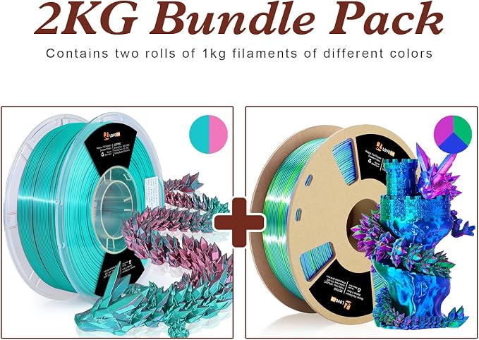 LOVOON Silk PLA 3D Printer Filament Bundle 2 KG, PLA Filament 1.75mm, Shiny Silk Blue/Green/Red and Blue/Pink Change by Angle, 3D Printing Filament for Most FDM Printers and 3D Pen, 1KG X 2 Spools