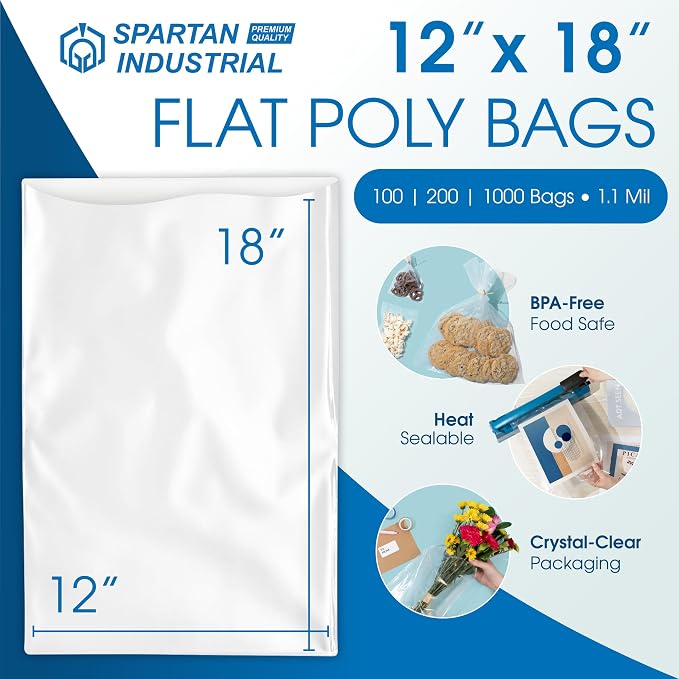 12" X 18" Open-End Flat Poly Bags (1000 Count) - 1.1 Mil Clear Plastic Bags for Clothes, Packaging, Shipping, Storage - No Adhesive Strip - Spartan Industrial