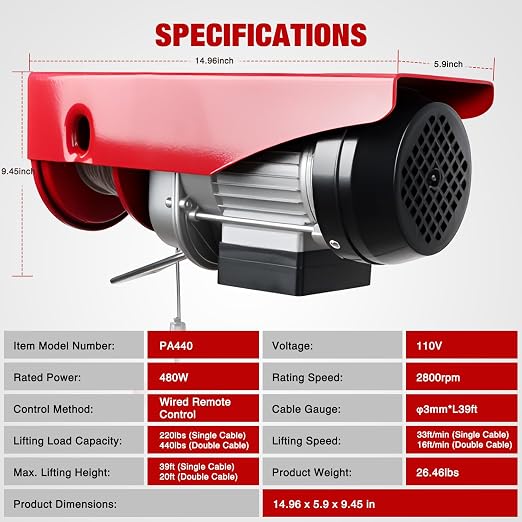 Nilight Electric Hoist 110V Electric Winch with Wired Remote, 440LBS Hoist Lift Single/Double Slings 39FT Lifting Height Material Handling Tool w Emergency Stop for Garage Warehouses Factories Attic