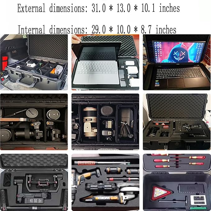 31" L x 12" W x 9" H Large Hard Case with Foam, Portable Rolling Hard Case with Wheels, Waterproof Shockproof Dustproof, Suitable for Cameras, Lenses, Camcorder, Instrument, Telescopes