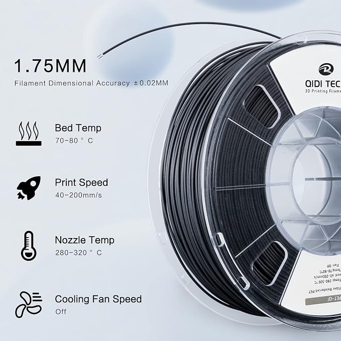 R QIDI TECHNOLOGY Carbon Fiber PET Filament 1.75 1KG Spool, PET CF 3D Printer Filament 1.75mm for Most FDM 3D Printers, High Strength, Low Creep, Low Moisture Sensitivity, Black