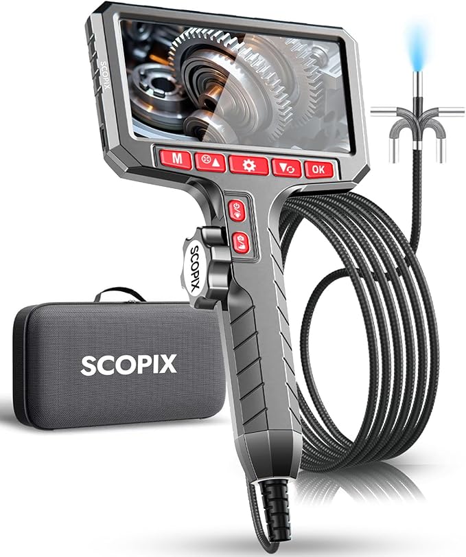 Articulating Borescope Camera with Screen, 2-Way Flexible Inspection Camera with Light, 1080P HD Endoscope Camera with 0.24” Probe, 5in Display, for Engine, Pipe and Wall Inspection, 5ft