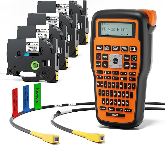 Vixic Label Maker Machine with-Tape, E1000 Industrial Cable Wire Heat Shrink Labeler with 4-Pack 12mm Laminated White-Tapes Waterproof Portable for Electrician Technician Network Office
