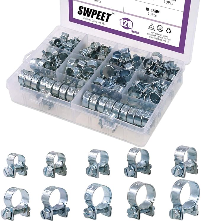 Swpeet 240Pcs 304 Stainless Steel Single Ear Hose Clamps and Zinc Plated Mini Hose Clanps