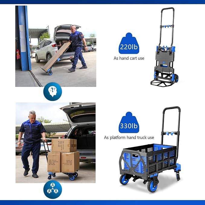 2-in-1 Hand Truck Dolly with Folding Basket, 330LB Heavy Duty Carrying Portable Handtruck, Folding Hand Dolly with 4 Wheels&Retractable Handle for Moving, Luggage, Shopping, Office