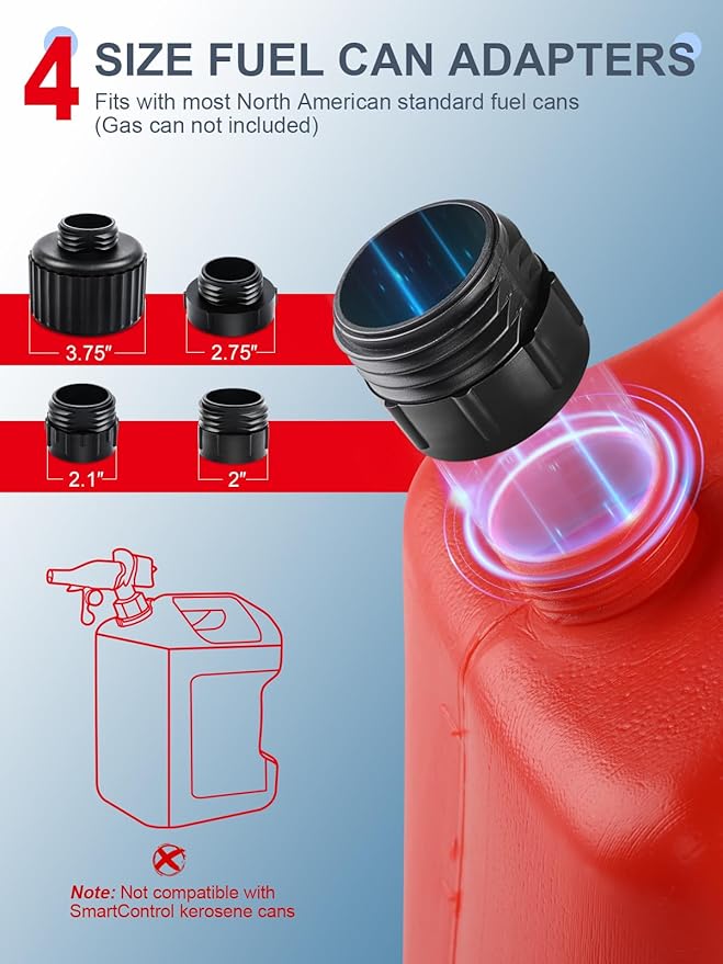 Fuel Transfer Pump 3.2 GPM, Dual Power USB-C & AA Battery, Auto-Stop Gas and Diesel Pump, 51 Inch Hose with 4 Fuel Can Adapters for Easy, Hands-Free Fueling (Red)