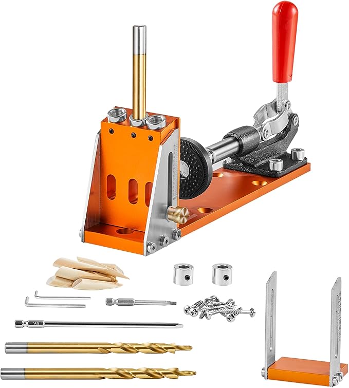 VEVOR Pocket Hole Jig Kit, Easy-to-Use for Wood Projects, Comes with Step Drills, Stop Collars, Hex Keys & Driver Bits, Features Dual Scales for DIY Woodworking