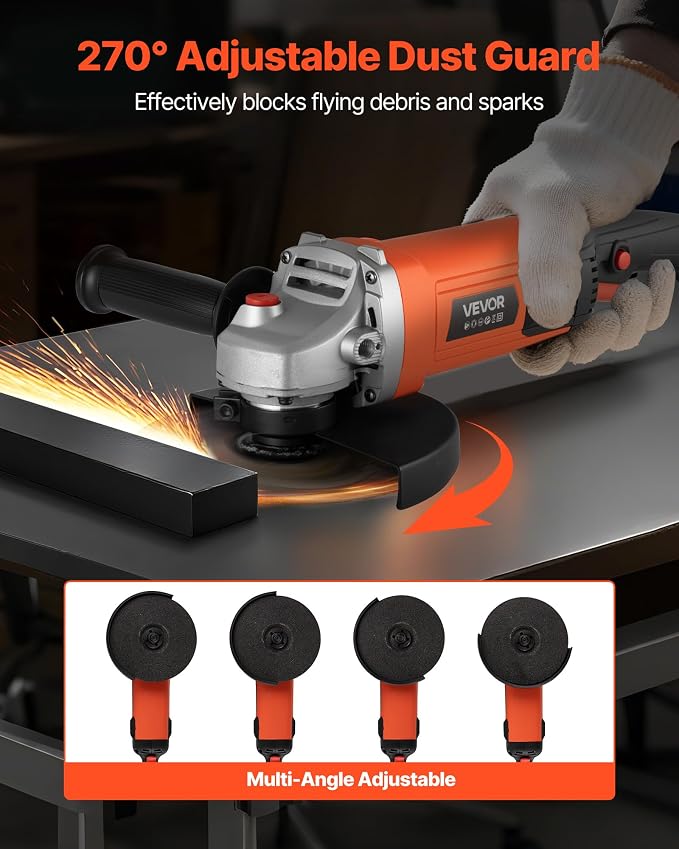 VEVOR Angle Grinder, 7" Electric Grinder Power Tool, 13Amps 8500RPM High-Speed Corded Angle Grinders with 270° Adjustable Dust Guard for Metal Grinding, Cutting, Rust Removal (Disc Not Included)