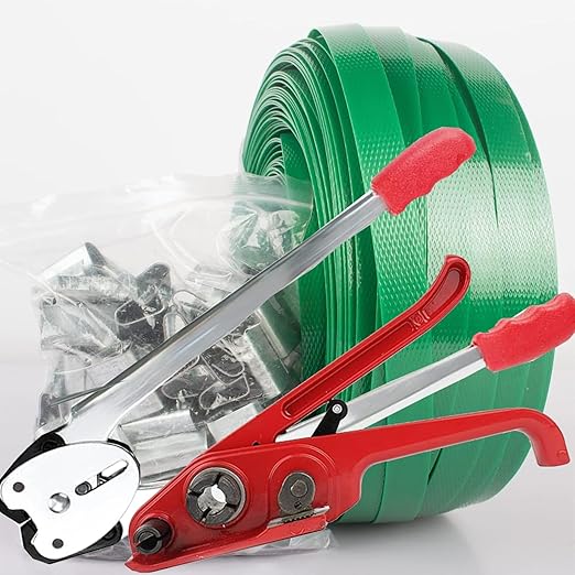 Heavy Duty Pallet Packaging Strapping Tool,Banding Strapping Kit, Strapping Tensioner Tool, Sealing Tool, 1/2" x 320’Polyester (PET) Strapping Roll, 100 pcs Open Metal Clips for Packing
