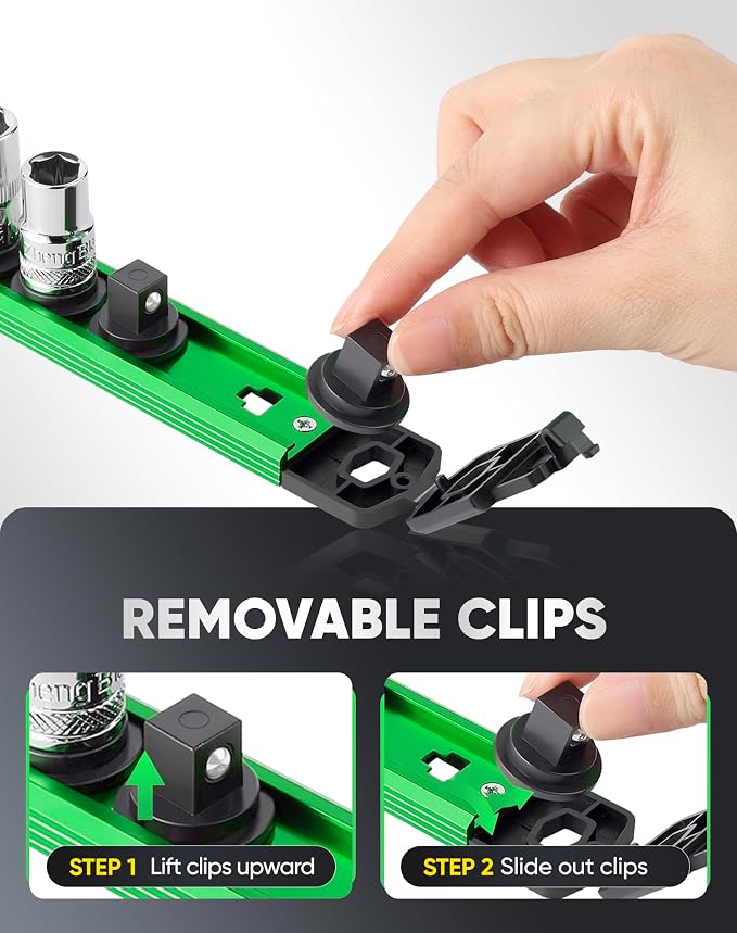 ALOANES Magnetic Socket Organizer Set, 3-Piece Heavy Duty Aluminum Socket Rails, 360° Swivel Clips Socket Rail Kit for Tool Tray Drawer Fit 3/8-Inch x 42 Clips (Green, 3PC)