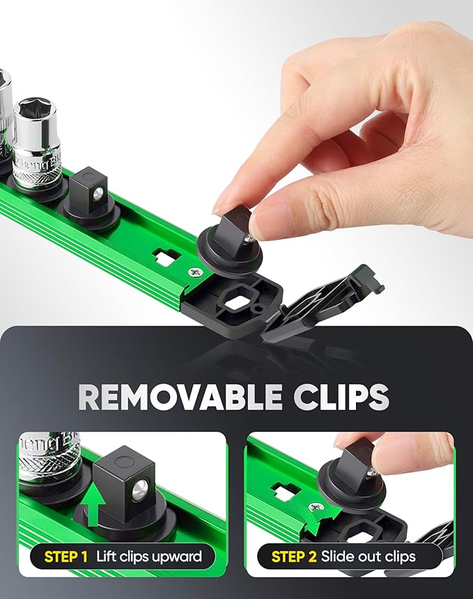 ALOANES Magnetic Socket Organizer Set, 3-Piece Heavy Duty Aluminum Socket Rails, 360° Swivel Clips Socket Rail Kit for Tool Tray Drawer Fit 1/4-Inch x 42 Clips (Green, 3PC)