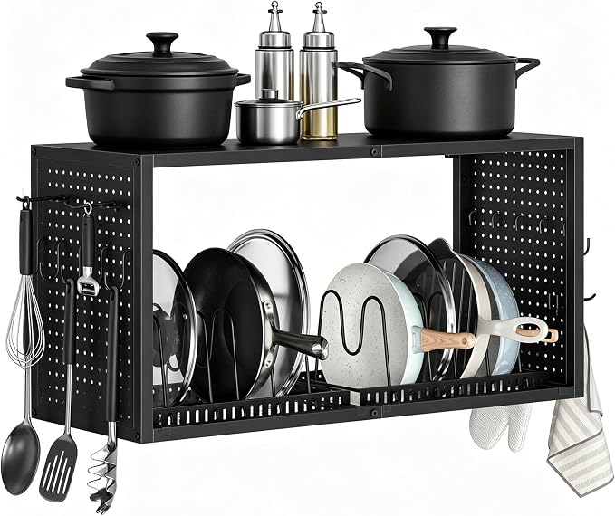 CHOEZON Pot Rack Wall Mounted, 3 in 1 Pots and Pans Organizer, Heavy Duty Hanging Pot Hanger, Storage Rack with 2 tier Kitchen Racks, for Kitchen and Dining Room, Black TPR30BB