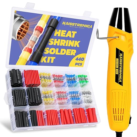 haisstronica 440 PCS All in One Set with Solder Seal Wire Connectors,3:1 Heat Shrink Tubing and Heat Gun,Solder Sticks Wire Terminals Electrical Connectors for Automotive, Marine, Trailer Wiring