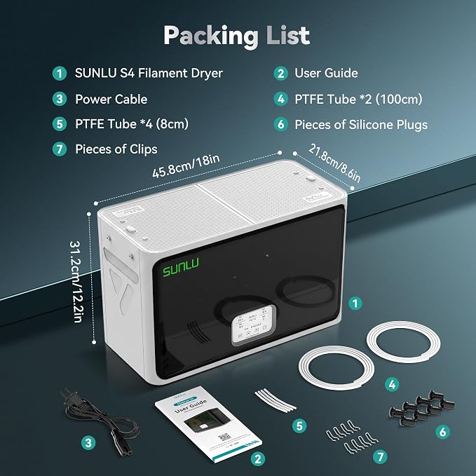 SUNLU Official Filament Dryer S4, for Nylon TPU PLA PETG ABS, (White) | 4 Spools Capacity, Efficient Heating to 70℃, 350W PTC Heater 3D Filament Dehydrator, Compatible with 1.75/2.85/3.0mm