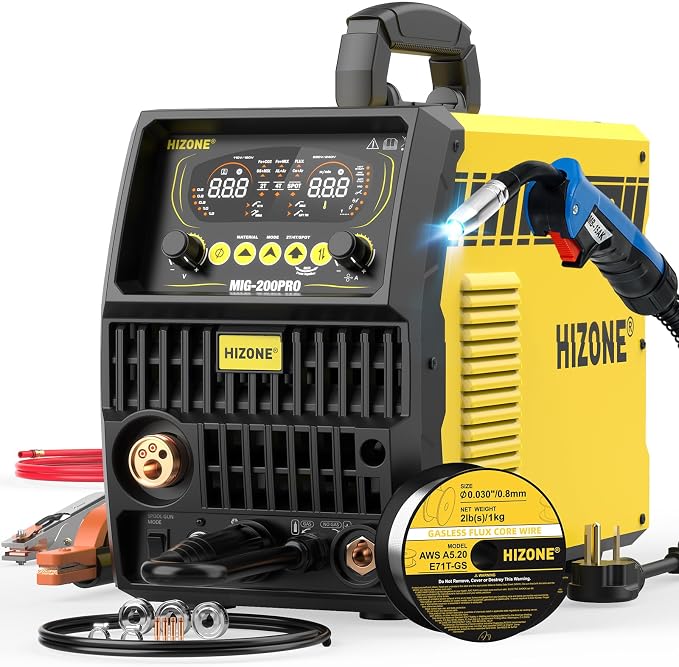 HIZONE MIG-200PRO MIG Welder, 200Amp 110/220V 8 in 1 MIG Welding Machine, Gas MIG/MAG/Flux MIG/Spool Gun/Spot Welding/Lift TIG/Stick Multiprocess Welder, Aluminum & Copper Support