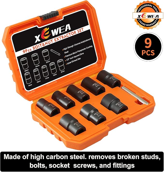 XEWEA 9PCS Lug Nut Extractor Set, 1/2" Drive Impact Bolt Nut Remover Socket Tool, Wheel Lock Removal Kit, Easy Out Extractor Set for Damaged, Frozen, Rusted, Rounded-Off Bolts Nuts