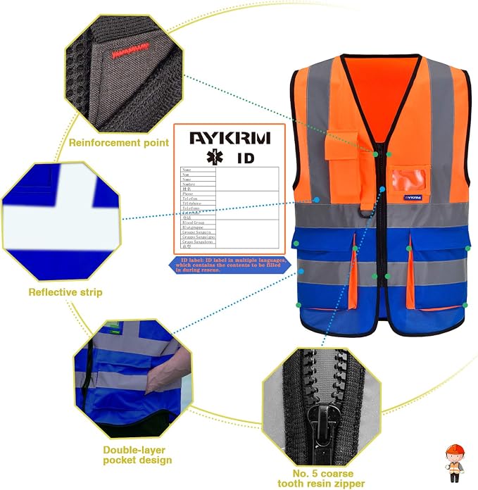 A-SAFETY Reflective Construction Vest, 7 Pockets, Zipper, Orange/Blue, 3XL | Orange/Blue 3XL Polyester work vest with reflective strips and 7 pockets for marine ground support; available in 21 colors.