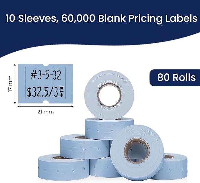 Perco 2 Line Blue Labels - 60,000 Blank Price and Date Gun Labels for Perco 2 Line Price and Date Guns - 80 Rolls, 10 Sleeves - Made in USA