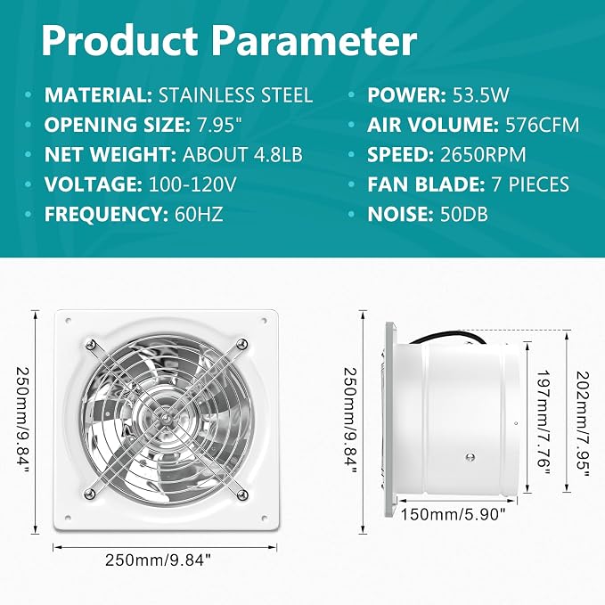 HG Power 8 Inch Exhaust Fan, Kitchen Exhaust Fan With Switch 576CFM Wall Mounted, Extractor Ventilation Fan For Attic, Greenhouse, Basement, Shed, White