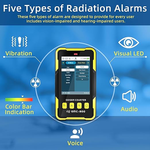 Nuclear Radiation Detector GQ 800 Geiger Counter USA Design Product US National Standard Large Color LCD Display 5 Alarm Types Dosimeter Data Save & Global Share Beta Gamma X-ray Portable Device