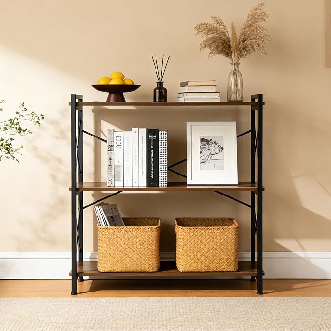 COSYSUPER 3 Tier Storage Shelf, Small Industrial Shelving Unit with Metal Frame & Wood Shelves, Sturdy 3 Shelf Organizer for Bedroom, Living Room, Entryway, Easy Assembly