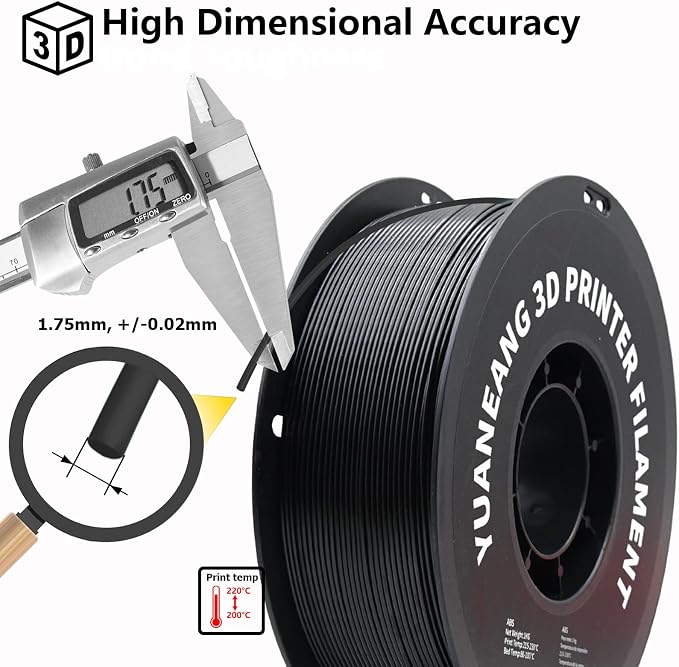 ABS 3D Printer Filament 1.75mm Black, 1kg Spool, Strong & Durable ABS Material, High Heat Resistance, Low Warping, ±0.03mm Precision, Ideal for Functional Parts, Enclosures