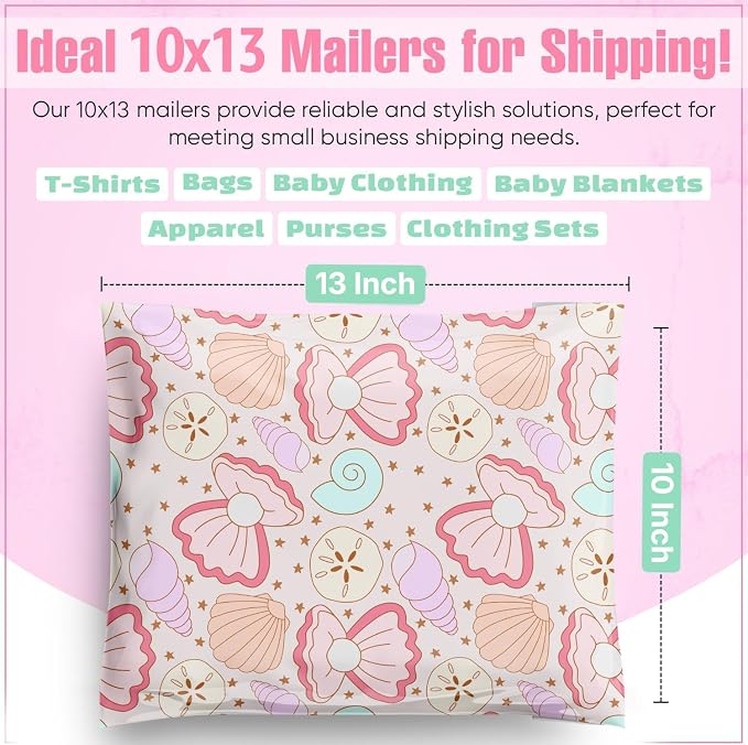 Package Mint Poly Mailers 10x13-100 Pack Coastal Seashells Design Poly Mailer Shipping Bags - Waterproof, Tear-Resistant, Self Adhesive Seal - Decorative Mailing Bags for Clothes and Accessories
