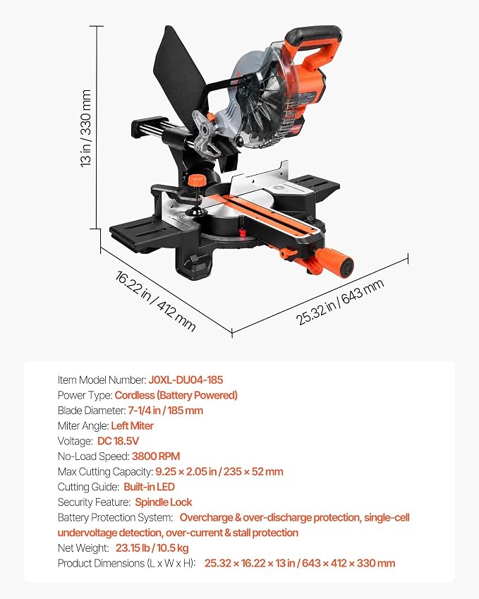 VEVOR Sliding Compound Miter Saw, 7-1/4 inch Blade, DC 18.5V Cordless Miter Saw, with LED Precision Alignment, Adjustable Angles, Battery and Charger Included, for Cutting Wood, Metals, Laminates