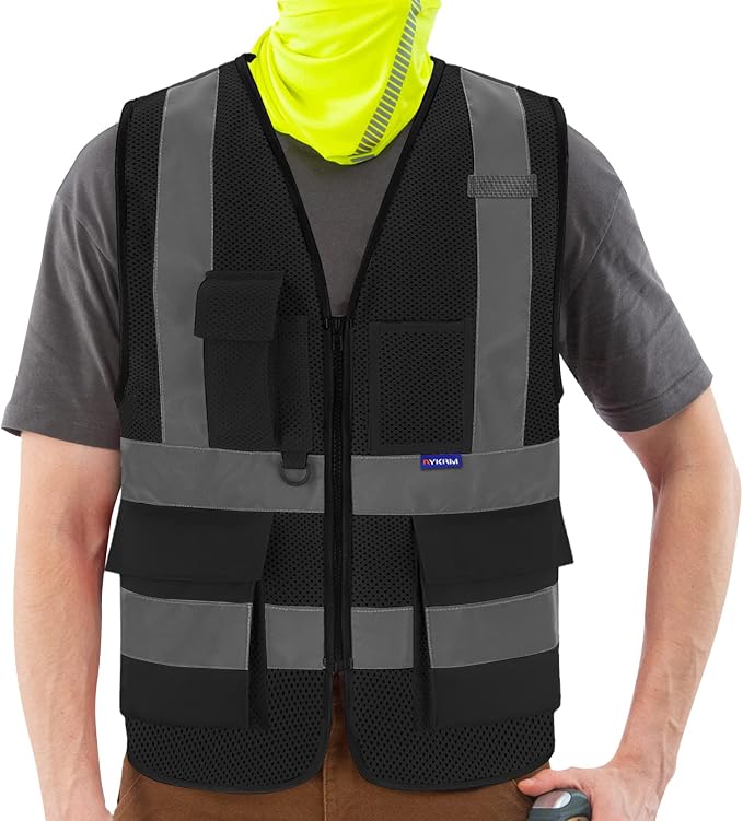 A-SAFETY Black mesh vest for work | Black L mesh safety vest with reflective strips and 7 pockets for asset protection and warehouse work; 21 color options.