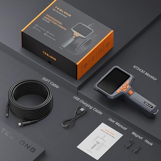 Teslong 50FT Sewer Camera, Dual Lens Borescope with Light, 4.3" HD Drain Plumbing Endoscope Inspection Camera, Home Waterproof Flexible in Wall Cam Pipe Tools, Snake Scope for Air Duct HVAC