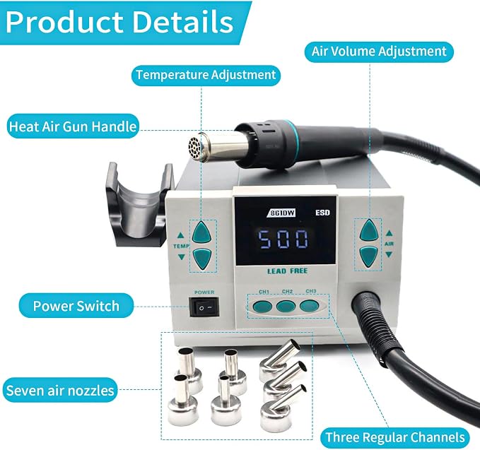 861DW Hot Air Rework Station, 110v 1000W Digital Display Automatic Sleep Hot Air Gun Soldering Station, with 7 air nozzles, Adjustable Temperature Desoldering Gun BGA Rework Station