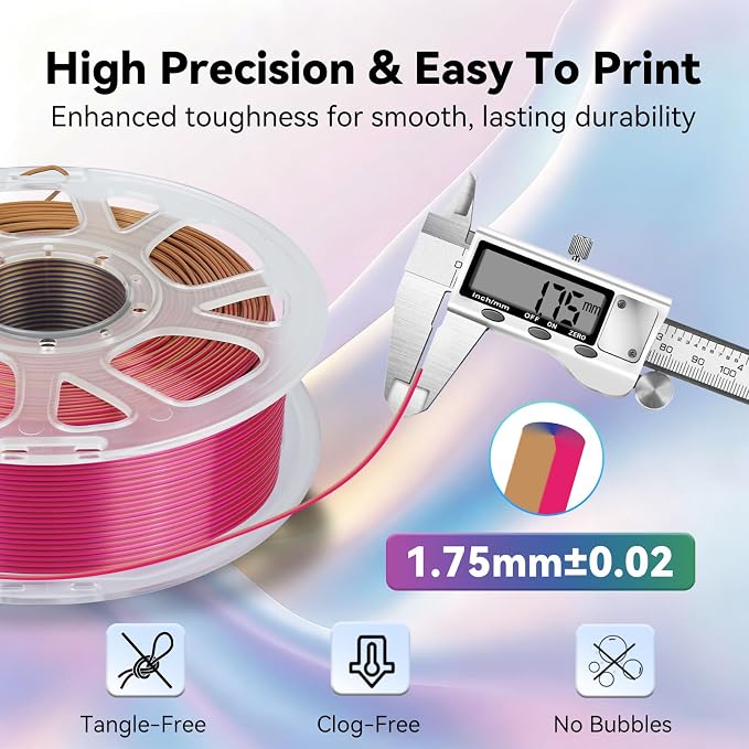 Kingroon PLA 3D Printer Filament, Triple Color Silk PLA Filament, Dimensional Accuracy +/- 0.03 mm, 1 kg Spool(2.2lbs), 1.75 mm, Red Gold Blue