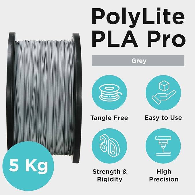 Polymaker PLA PRO Filament 1.75mm 5kg, Tough & High Rigidity Grey 3D Printing Filament, PolyLite PLA PRO High Speed, Print with Most 3D Printers