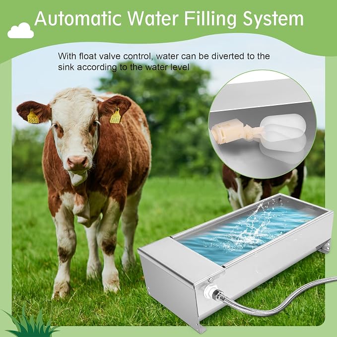 Stainless Steel Cattle Drinking Bowl, Horse Cattle Drinker, Automatic Drinking Bowl with Hanging Float Valve, 7.5 Liters, Drinking Bowl for Horses, Cattle, Sheep, Dogs