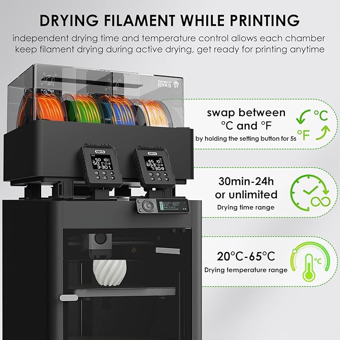 EIBOS 3D Printer Filament Dryer Dyas, AMS Heater Upgrade for Bambu Lab AMS, Dry While Printing, Dual Independent Chambers, Auto-Sealed Storage Box, Power-Saving, for 4 Spools Nylon, PLA, PETG