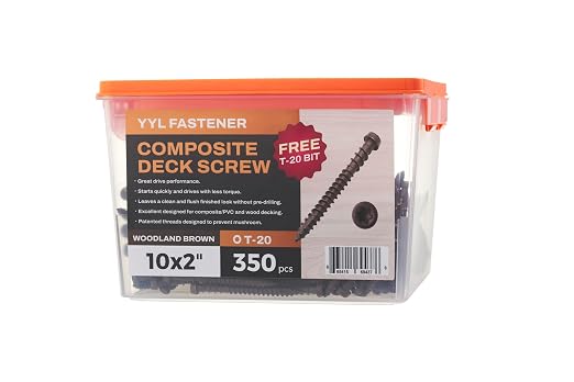 Coated Composite Deck Screws #10 x 2, Self Tapping Wood Screws and Deck Screws with Torx T20 Star Drive, Type 17 Point, Flat Head, 1 Free Bit Included (Woodland Brown, 350), by YYL FASTENER