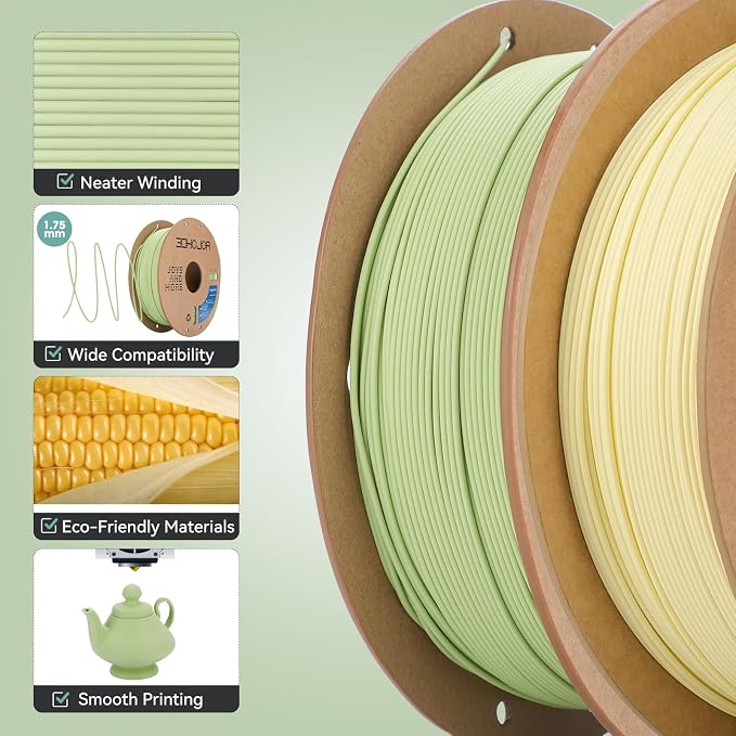 3DHoJor Matte PLA Filament 1.75mm, Upgrade 1kg*2 Bundle Cardboard Spool PLA Filament 1.75 PLA 3D Printing Filament, Print with Most 3D Printers Using 3D Filament-Matcha Green+Almond Yellow