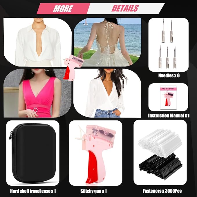 BLEDS Pink Stitch Gun for Clothes Quick Clothing Fixer Hemming Sewing Tool | mini tagging gun kit with portable case 6 needles 3000 5mm mini fasteners