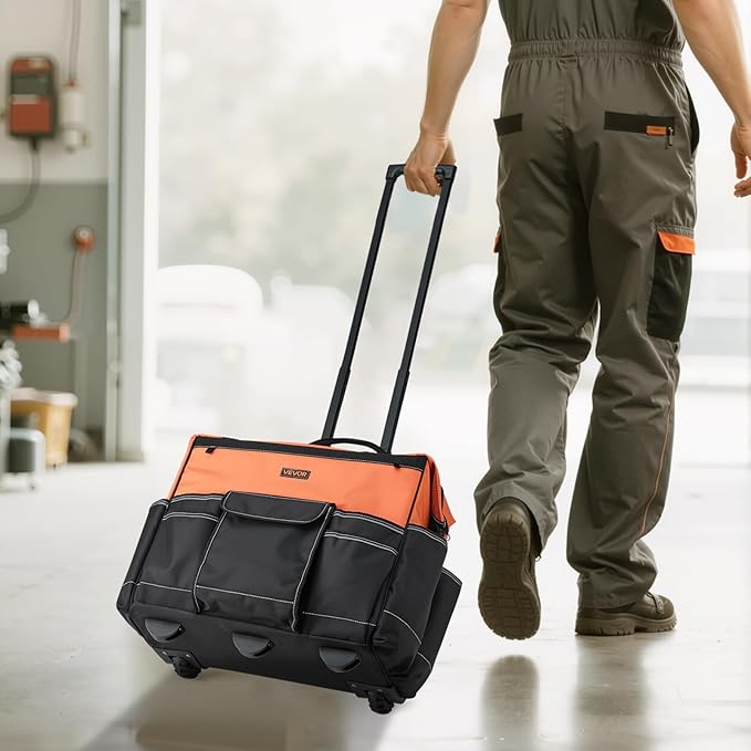 VEVOR 20" Rolling Tool Bag, 110 lbs Load Capacity, 27 Pockets Heavy Duty Roller Tool Bag on Wheels, Adjustable Telescoping Handle & Stable Base, Toolbag Organizers w/Wheels for Construction, Mechanic