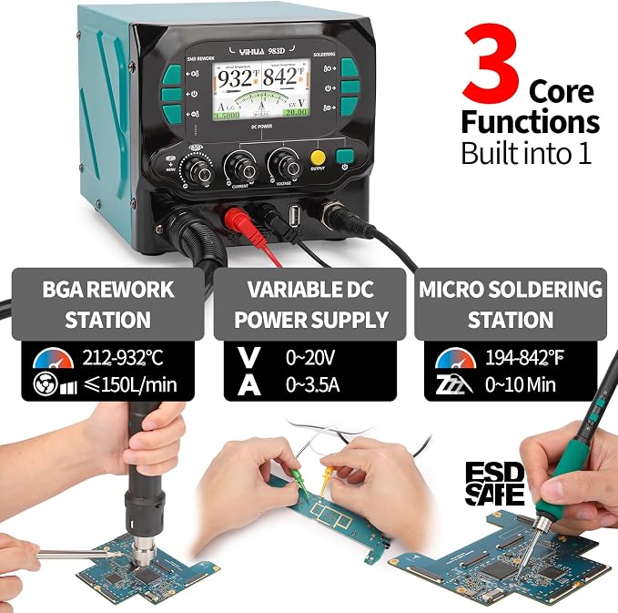 YIHUA 983D 3-IN-1 Micro Soldering Station, BGA Hot Air Rework Station, Lab Variable DC Power Supply