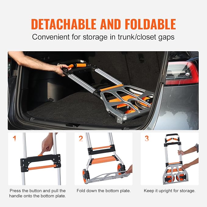 VEVOR Folding Hand Truck and Dolly, 309 Lbs Capacity, Aluminum Foldable Cart, Heavy-Duty Luggage Trolley Cart with Telescoping Handle and PP+TPR Wheels for Home, Office, Shopping, Travel