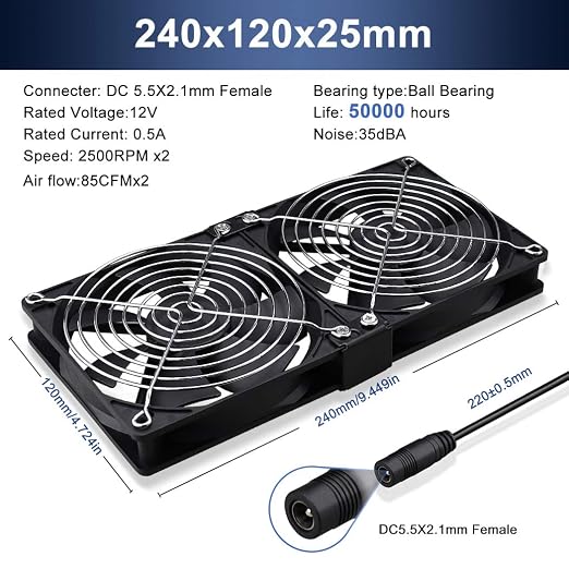 Wathai 2 x 120mm 240mm Computer Fan with AC Plug Cabinet Fan 110V 240V | Dual Ball Big Airflow 12V Cooling Fan with Variable Speed Control for External PC Case Cooling computer cabinet vent