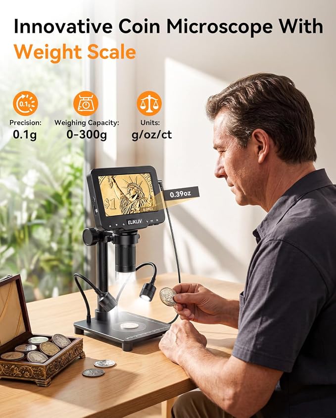 Elikliv Microscope with Weighing Scale, Digital Magnifier for Error Coins, Jewelry Magnifying Glass with Lights, 4.3" LCD Screen 12MP Camera 1080P Video USB PC View for Adults Collectors Supplies
