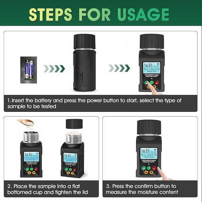 Grain Moisture Tester for 40 Grains, Smart Grain Coffee Bean Moisture Meter with Temperature Measurement, Data Storage, Portable Cup-Type Grain Moisture Detector for Wheat, Corn, Cocoa Beans, Seed