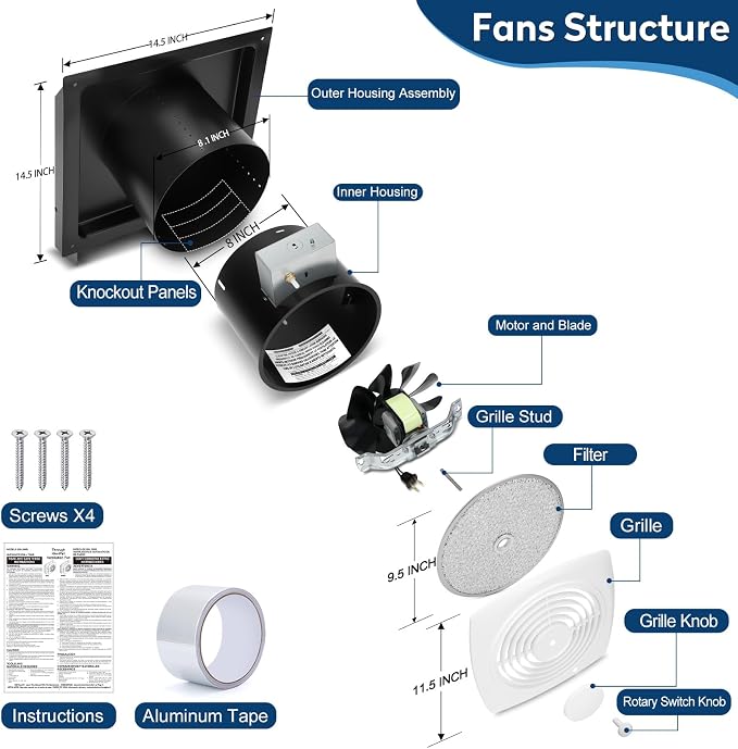509S Through Wall Exhaust Fan, Kitchen Wall Exhaust Fan, Through Wall Vent Fan with On/Off Switch, 200 CFM High Airflow, White Cover, Aluminum Filter, 8.5 Sones, 8 Inch, Fits Walls 5” to 10” Thick